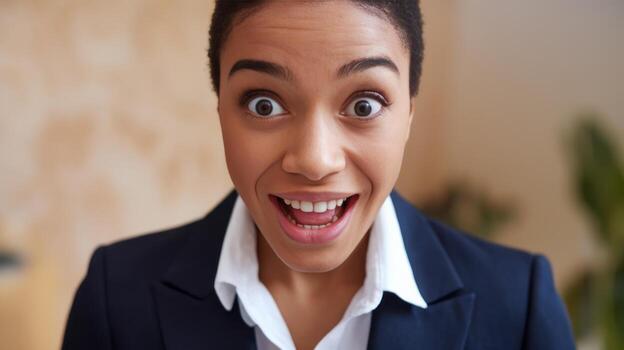 Smiling African American Woman Showing Surprised Expression in Office photo