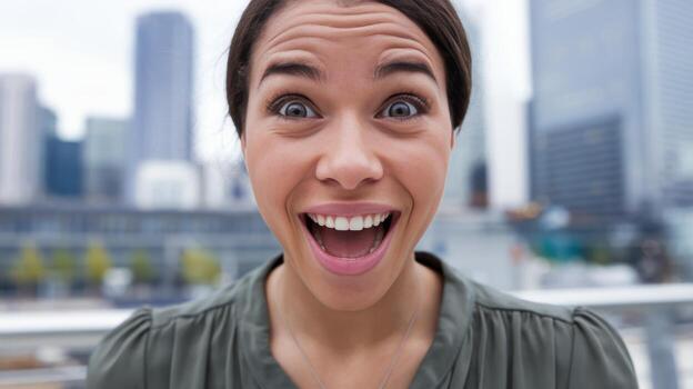 Woman With Surprised Expression Outside Modern Buildings During Daytime photo