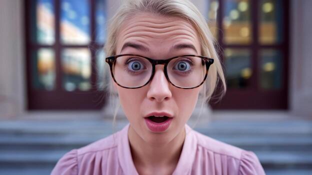 Blond Woman With Glasses Expresses Surprise in Front of a Building photo