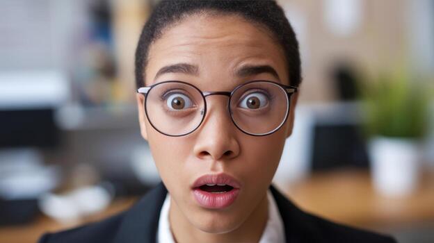 Woman With Shocked Expression and Glasses in Office Setting photo
