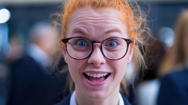 Close up of Happy Woman With Red Hair and Glasses Smiling in Crowded Space photo
