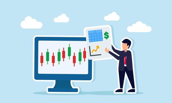 Businessman near monitor with candlestick stock chart holding financial report with graph and dollar symbol analyzing company fundamental performance vector