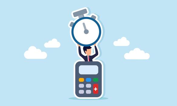 Businessman appearing behind calculator holding stopwatch symbolizing risk calculation and time management efficiency vector