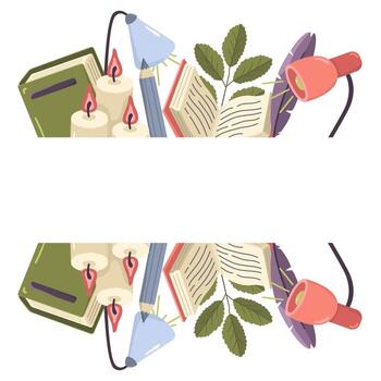 banner with books, candles and lamps. Colored composition for school and library with copy space. World Book and Knowledge Day. vector