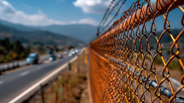 Rusty fence with highway and mountains in background photo