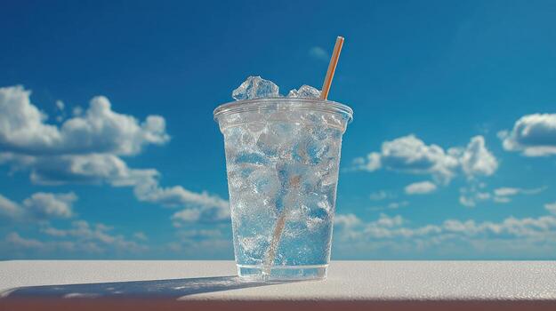 Refreshing drink with ice and straw against cloudy blue sky photo