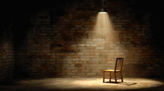 A single wooden chair sits in a dark, empty brick room under a harsh spotlight photo