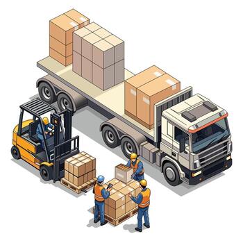 Workers loading boxes on a truck vector