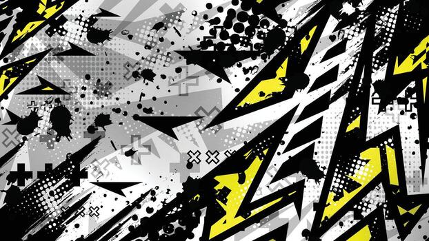 a black and yellow background with a lot of different shapes vector