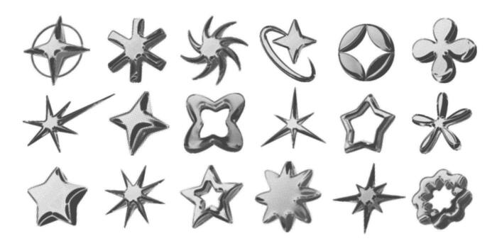 Y2k 3d chrome halftones star shape retro abstract element illustration set vector