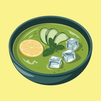 Green Soup in Bowl with Ice and Lemon vector