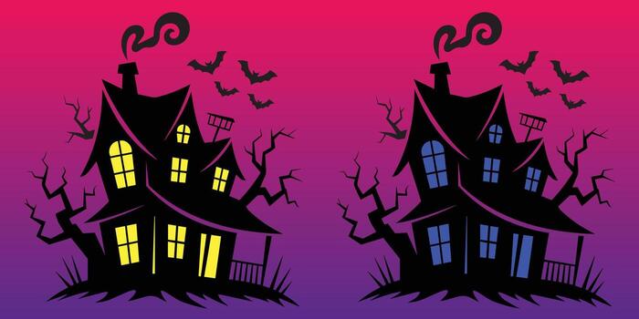 Haunted House Twin Set - Spooky Mansion Silhouettes with Glowing Windows on Gradient Background vector