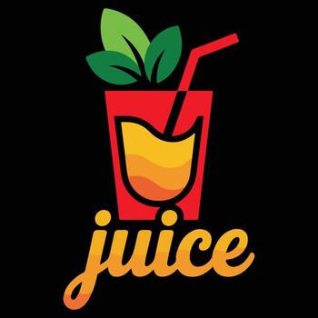 Modern Juice Logo with Red Glass, Gradient Liquid, Leaves, and Script Text on Black vector