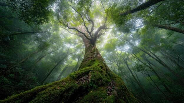 Majestic tree reaching towards sunlight in dense forest ecosystem photo