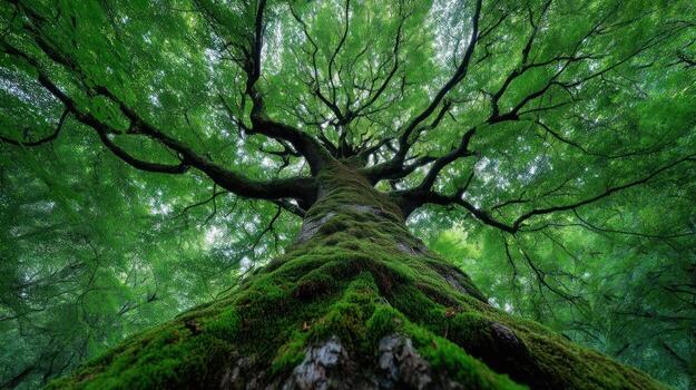 Vibrant green tree reaching towards the sky in overhead perspective photo