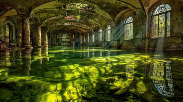 antiguo arqueado interior reflejando en verde agua con luz de sol filtración mediante foto