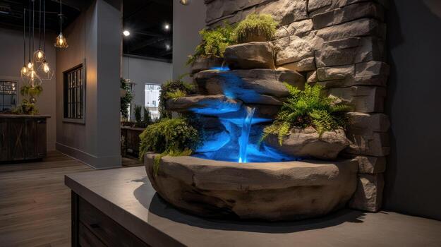 Decorative indoor fountain with cascading water and stone structure in a modern setting photo