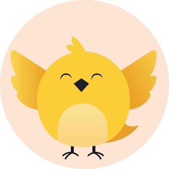 Sweet chubby yellow bird with open wings and a contented smile inside a peach circle vector