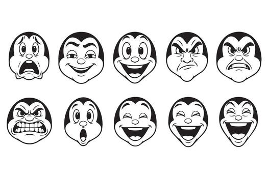 A grid of ten cartoon faces displaying various emotions, isolated on transparent background vector