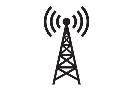 Black and white icon of a radio tower with signal waves emanating from the top, isolated on transparent background vector
