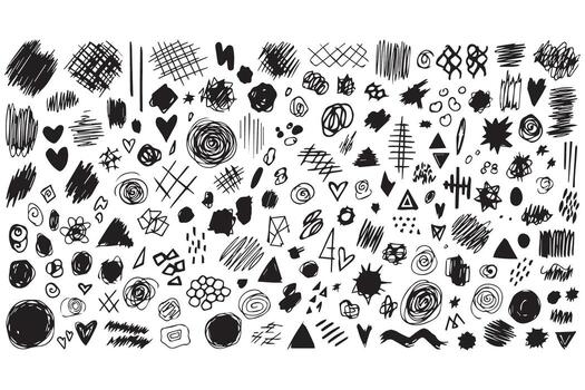 Collection of handdrawn abstract doodle elements including scribbles, hearts, stars, and geometric shapes isolated on transparent background vector