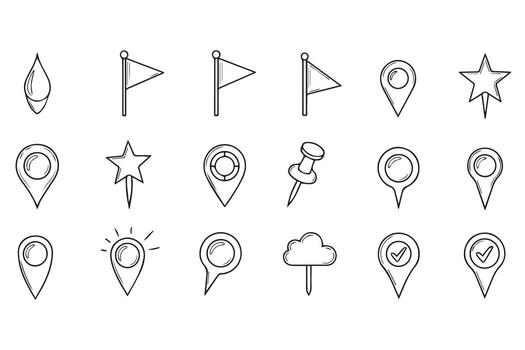 Collection of handdrawn location pin and marker icons, including flags and stars, isolated on a transparent background for map and navigation design vector