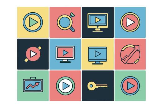 Grid of colorful icons representing , search, computer, analytics, and security, isolated on transparent background vector