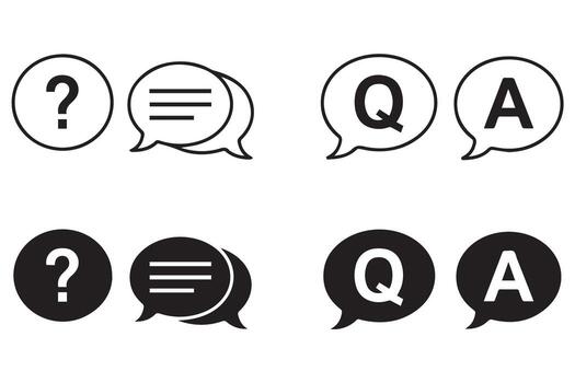 A graphic design featuring question and answer speech bubbles in both outlined and solid black versions, representing communication and dialogue isolated on transparent background vector