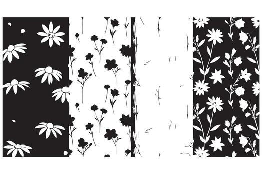 Monochromatic floral patterns in black and white, featuring daisies and other wildflowers with a distressed, textured effect isolated on transparent background vector