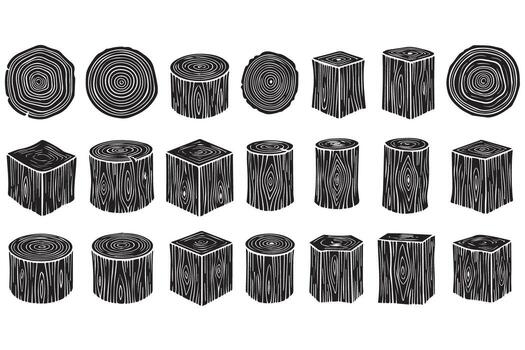 Collection of stylized wood log crosssections and cubes, isolated on transparent background vector