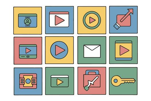 Collection of flat design icons for digital media, communication, and security, isolated on a transparent background vector