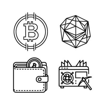 cryptocurrency icons, bitcoin, ethereum, wallet, mining gear, clean stroke vector