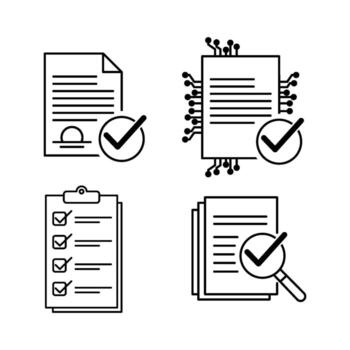 document check icons, outline style paperwork, certificate with tick, digital document validation, checklist sheet vector