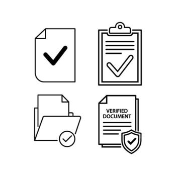 document check icons, paper with check mark, clipboard with tick, file approval, verified document vector