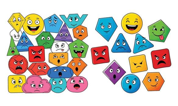 Collection of cute colorful geometric shapes with expressive emoji faces fun and playful design elements vector