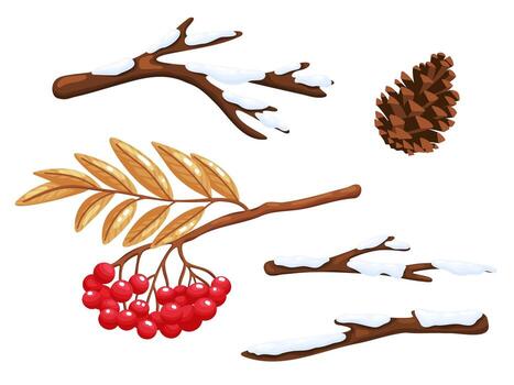 Snowy Branches, Rowan Berries and Pine Cone Set vector