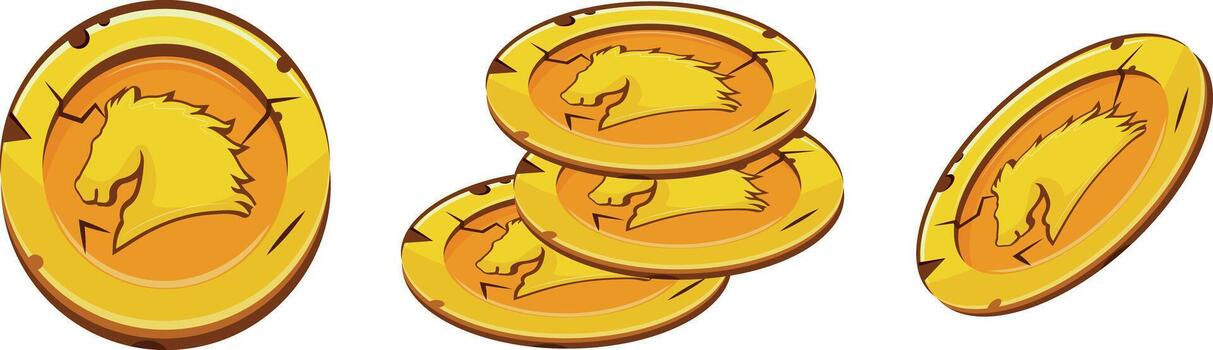set of gold coins in various shapes with a New Year's design, namely with a horse head design, which is a symbol of 2026, for gaming and thematic designs vector