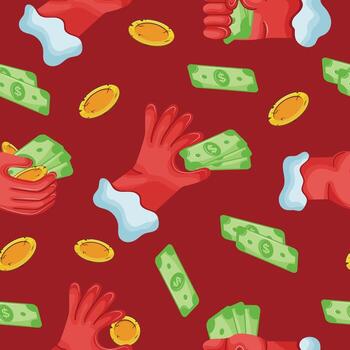 seamless pattern with icons of Santa Claus hands in different gestures with paper money and gold coins in different shapes on a red background, for business, thematic designs vector