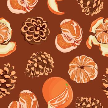 sin costura modelo con maduro mandarinas y pino conos de diferente tamaños arreglado al azar en un naranja fondo, para fiesta embalaje, textiles o otro temático diseño vector