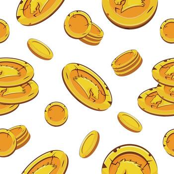 seamless pattern with gold coins in various shapes with a New Year design, namely with a horse head design, which is a symbol of 2026, for game and thematic designs vector