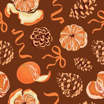 sin costura modelo con maduro mandarinas y pino conos de diferente tamaños con arcos y cintas en un marrón fondo, para fiesta embalaje, textiles o otro temático diseño vector