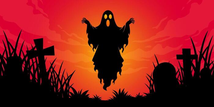 Halloween background with spooky ghost faces flying in fields and graveyard vector