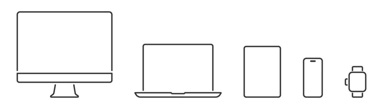 Set of linear device icon. Computer laptop tablet smartphone watch template. Device screen mockup. vector