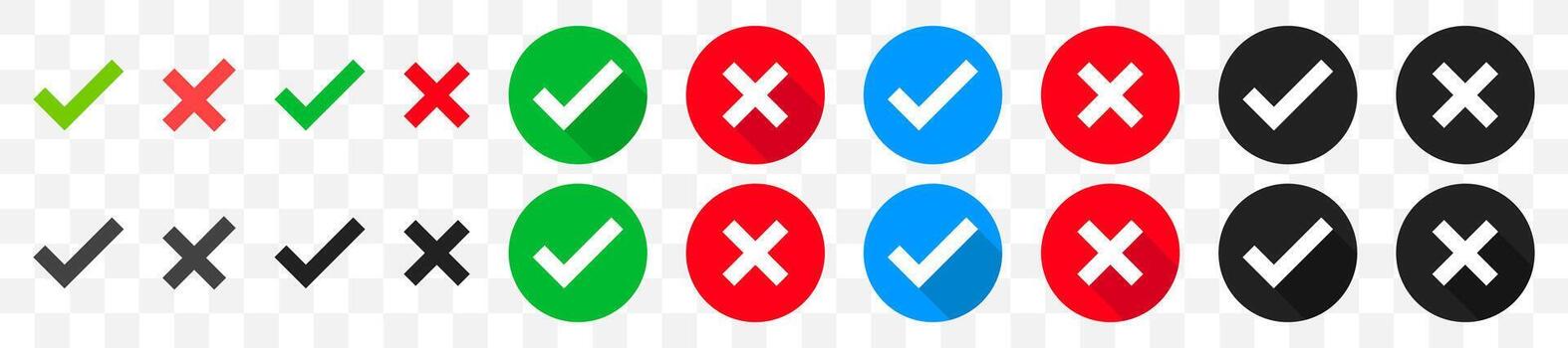 Check mark and cross icon. Green tick and red cross sign symbol. Test question. Positive Negative sign vector