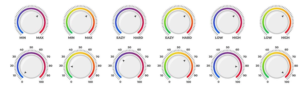 Adjustment dial. Volume level knob with round scale. Volume level handle. vector