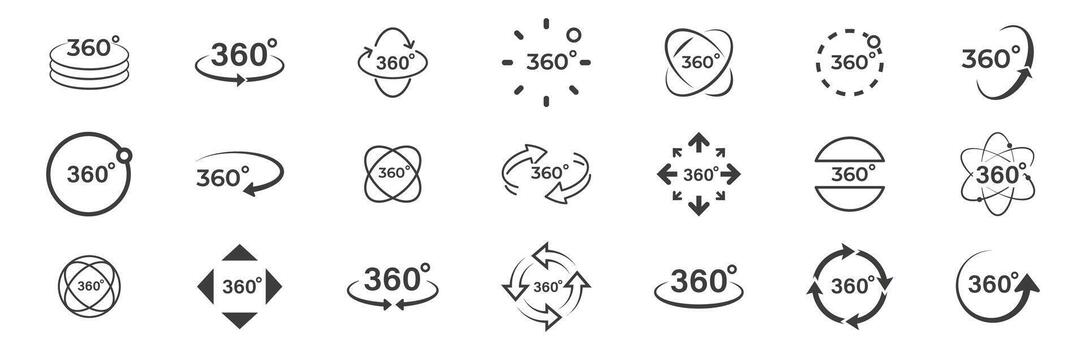 Set of 360 degree views icons. Round signs with arrows rotation to 360 degrees. Virtual reality icons. Signs with arrows to indicate the rotation or panoramas to 360 degrees. vector