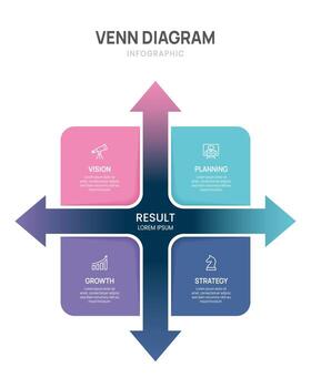 Venn diagram business infographic arrow chart template 4 options, presentation with venn diagram elements illustration. vector