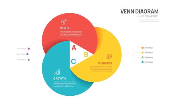 Venn diagram business infographic circle chart template 3 steps, presentation with venn diagram elements. vector