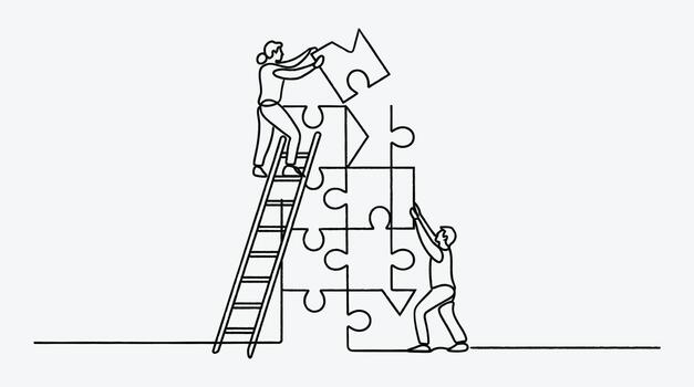 Teamwork and collaboration creating solution with puzzle pieces and ladder vector