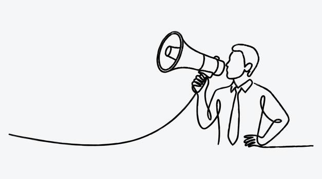 One line drawing of man shouting into megaphone for communication concept vector